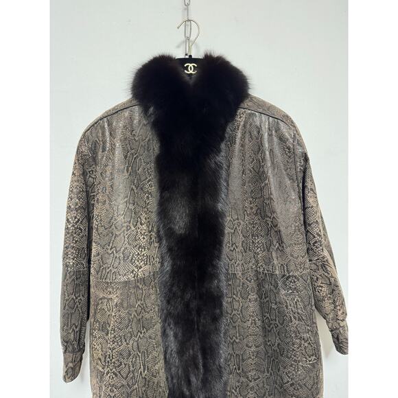 Snake Print Coat Womens Medium Brown Fox Fur Trim Longline Oversized Python - Picture 7 of 16